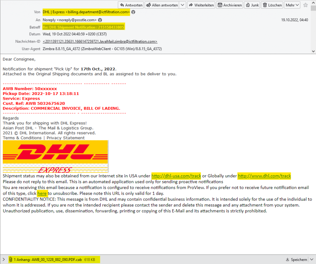 Scam/Fraud: Angebliche DHL-Benachrichtigungen umgehen Spam-Filter und enthalten Schadcode