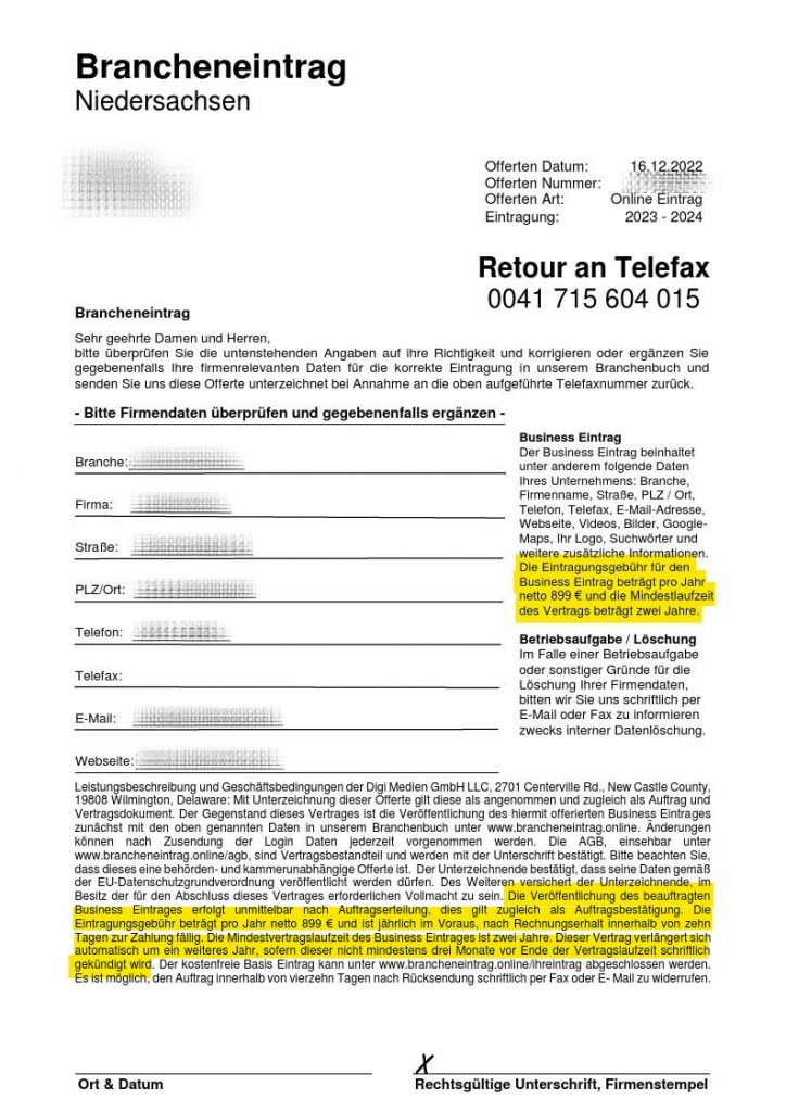 Achtung, Abofalle: "Brancheneintrag 2023/2024" von Digi Medien GmbH LLC