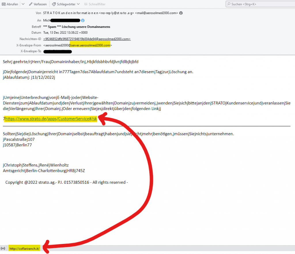 Betrügerische SCAM-Mail mit dem Betreff: *** SPAM *** Löschung unsere Domainnamens