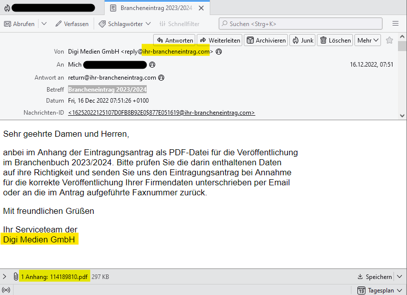 Achtung, Abofalle: "Brancheneintrag 2023/2024" von Digi Medien GmbH LLC