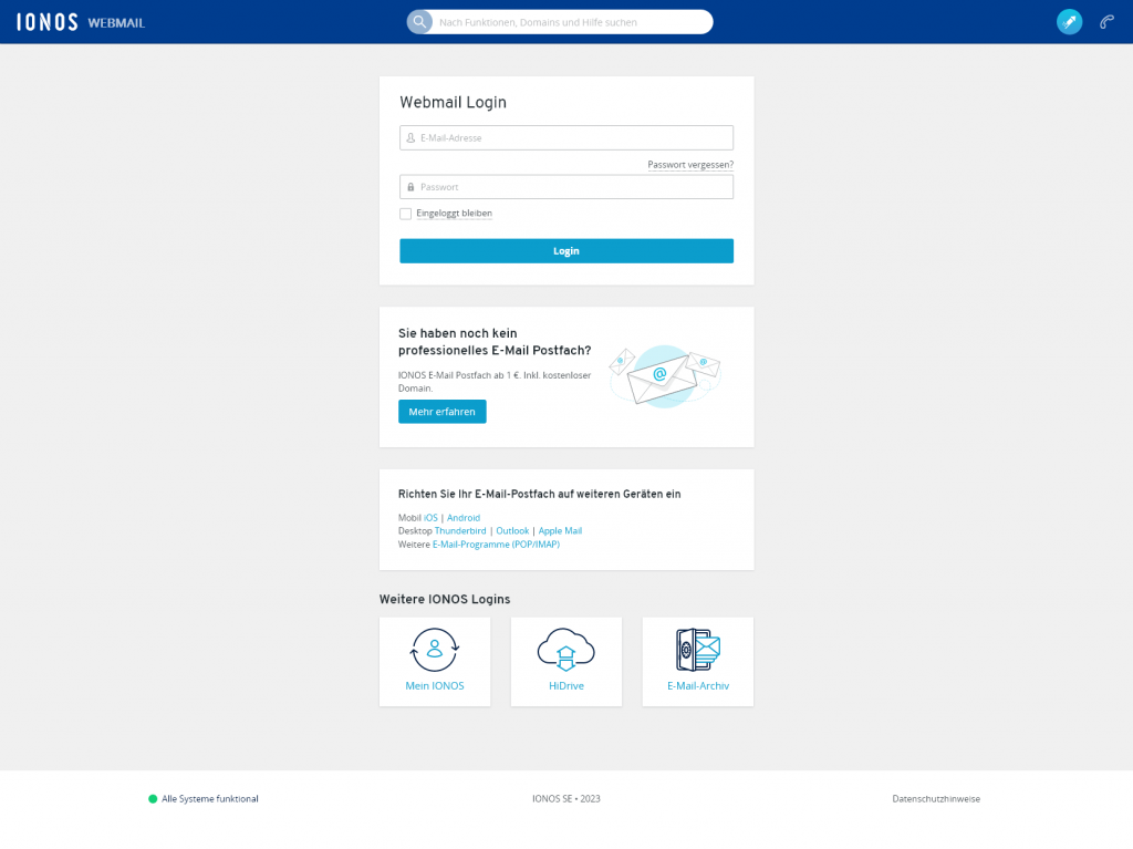 Ansicht: Original IONOS 1&1 Webmail-Login-Seite