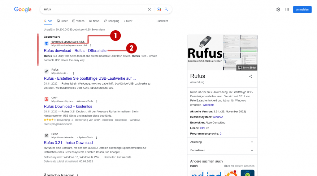 Vorsicht bei der Google-Suche! Bösartige Werbung (Google Ads) in den Suchergebnissen, die Schadcode ausführt