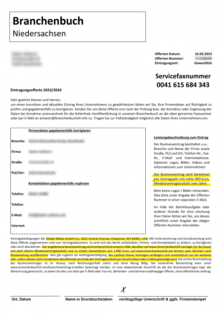 Achtung, Abofalle! "Branchenbucheintrag 2023/2024" von Global Media GmbH LLC