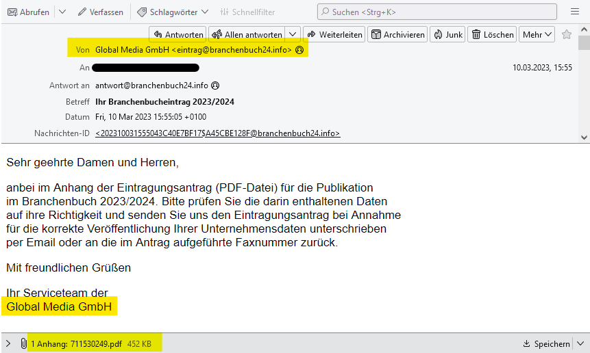 Achtung, Abofalle! "Branchenbucheintrag 2023/2024" von Global Media GmbH LLC