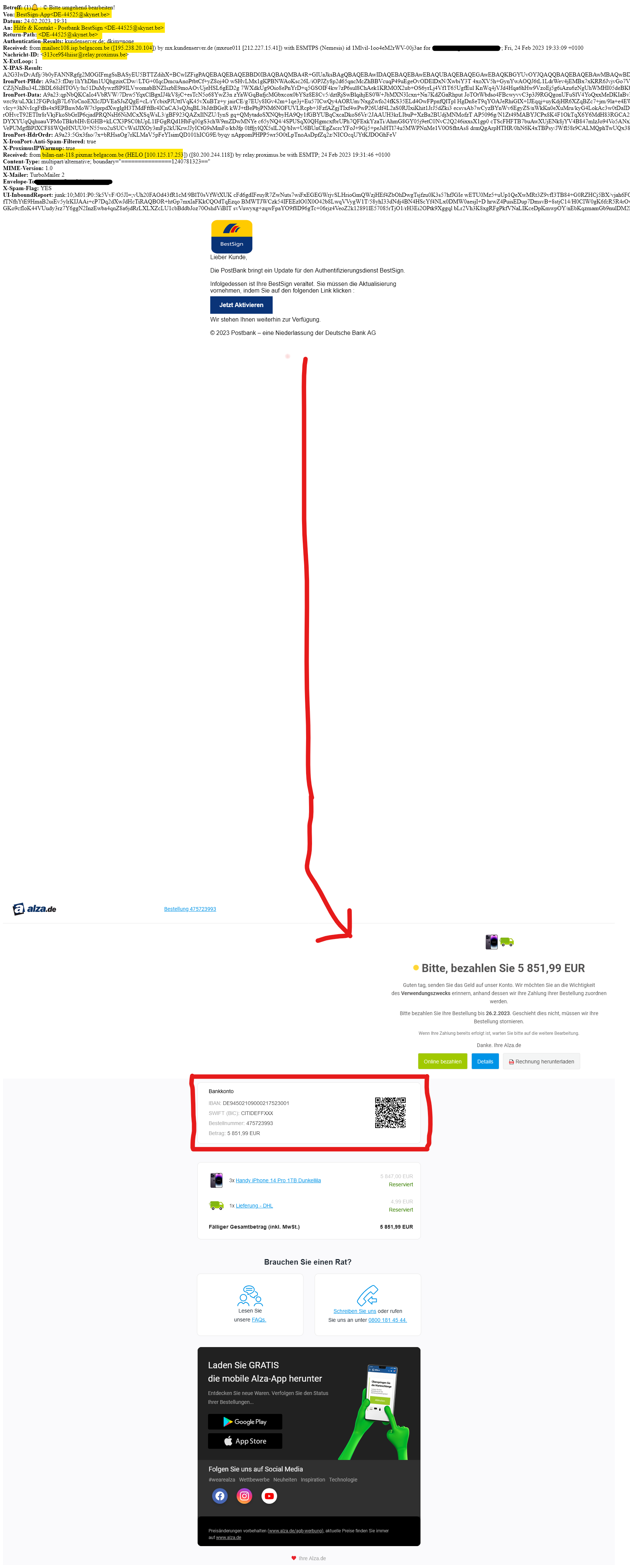 Abbildung der Scam-/Phishing-Mail "Bitte umgehend bearbeiten!", die angeblich von Postbank BestSign stammt.
