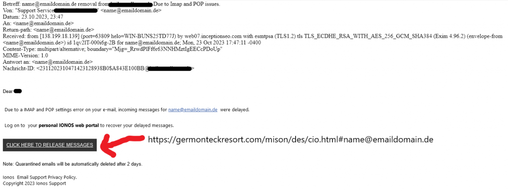 Vorsicht, Phishing: Gefälschte IONOS-Webmail-Benachrichtigungen "Removale from... due to Imap and POP issues"