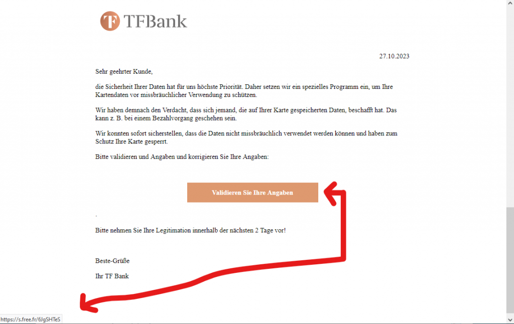 Vorsicht, Phishing! Gefälschte Mail von TF Bank Kreditkarte: "Wichtige Information zu Ihrer Karte!"