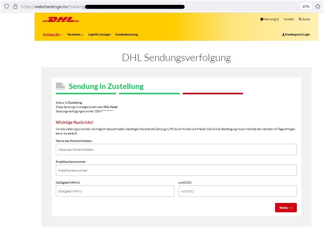 Abb. 2: Wird der Link-Button in der Phishingnachricht betätigt, wird eine gefälsche DHL-Website mit einem Formular zur Abfrage von Kreditkarteninformationen aufgerufen/geöffnet.