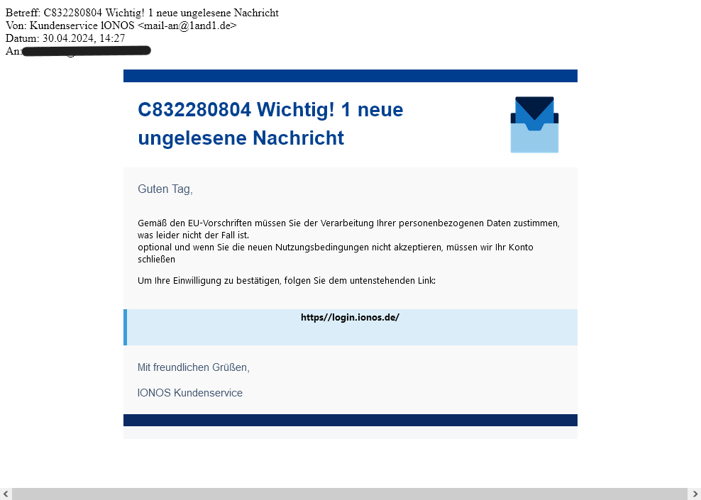 Vorsicht, IONOS-Phishing-Welle! Die Betrüger haben es mit ihren gefälschten Mails auf IONOS-Kunden abgesehen