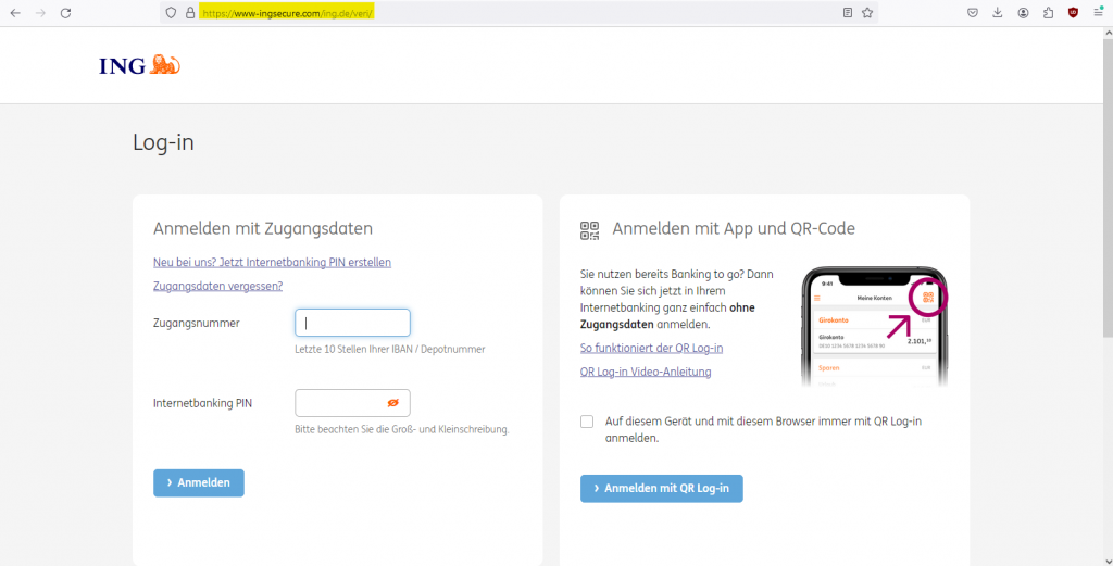 Gefälschtes Login-Formular, das dem echten Login der ING zum Verwechseln ähnlich sieht.