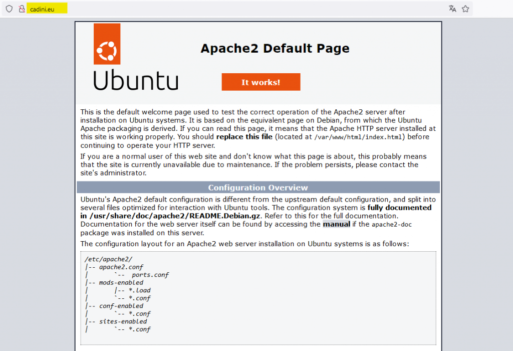Abb. 3: Startseite (Ubuntu Apache 2 Server) der nicht https-gesicherten Domain, die für den Phishingversand mißbraucht wurde.
