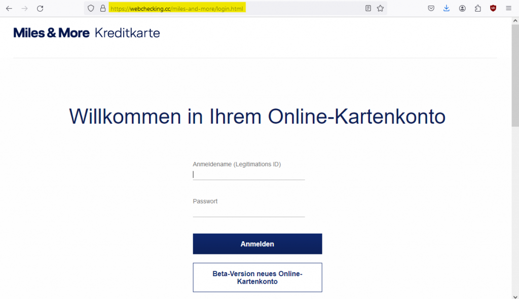 Phishing-Formular bzw. gefälschtes Miles & More Login (Abb. 2)