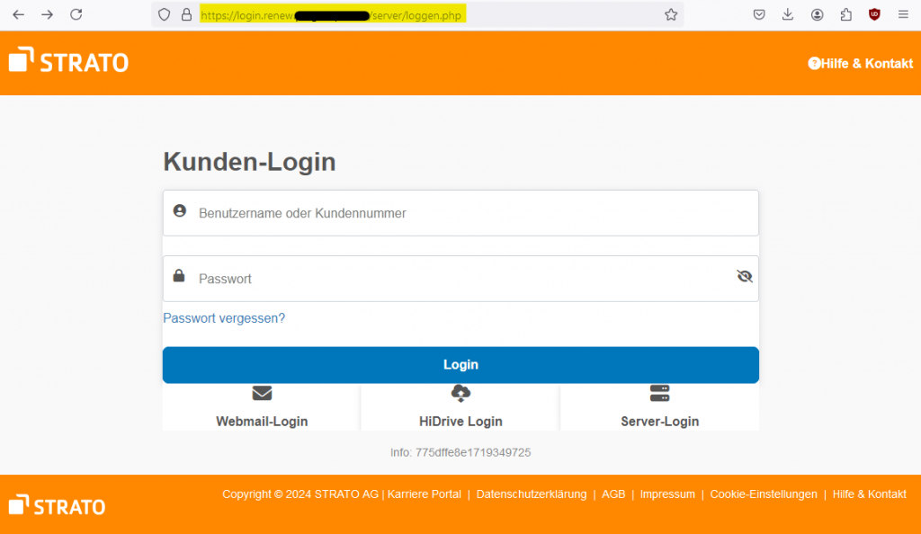 Abb. 4: Gefälschtes Strato-Login. Bereitgestellt über einen gehackten Unternehmens-Account (IONOS MyWebsite).