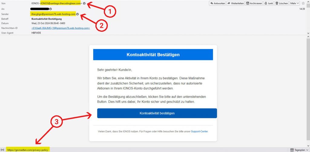 Abb. 1: Screenshot der IONOS Fake- bzw. Phishing-Mail mit dem Betreff "Kontoaktivität Bestätigung". Punkt 1 zeigt auf die "Von"-Adresse, Punkt 2 auf den "Sender" und Punkt 3 zeigt auf den Link-Button "Kontoaktivität bestätigen".