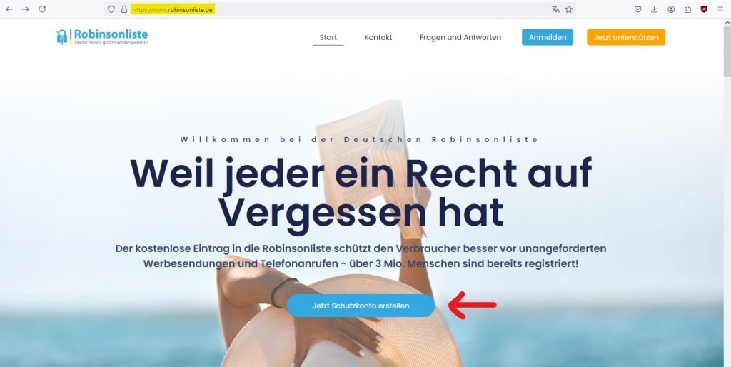 Eintrag in die Robinsonliste. Screenshot der Startseite unter robinsonliste.de. Darstellung des Buttons "Jetzt Schutzkonto erstellen".
