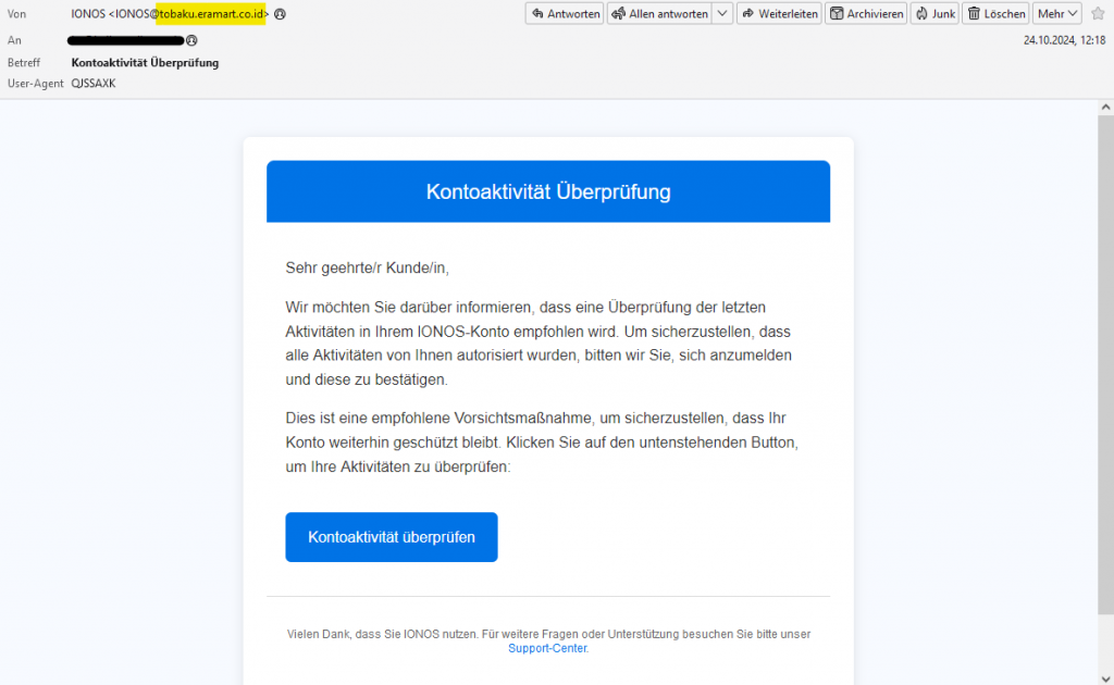 Vorsicht vor Fake-Mails (Phishing) die vorgeben, von IONOS zu stammen