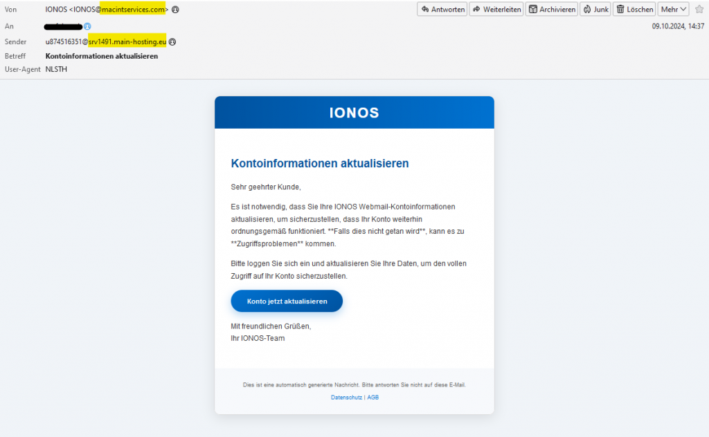 Vorsicht vor Fake-Mails (Phishing) die vorgeben, von IONOS zu stammen
