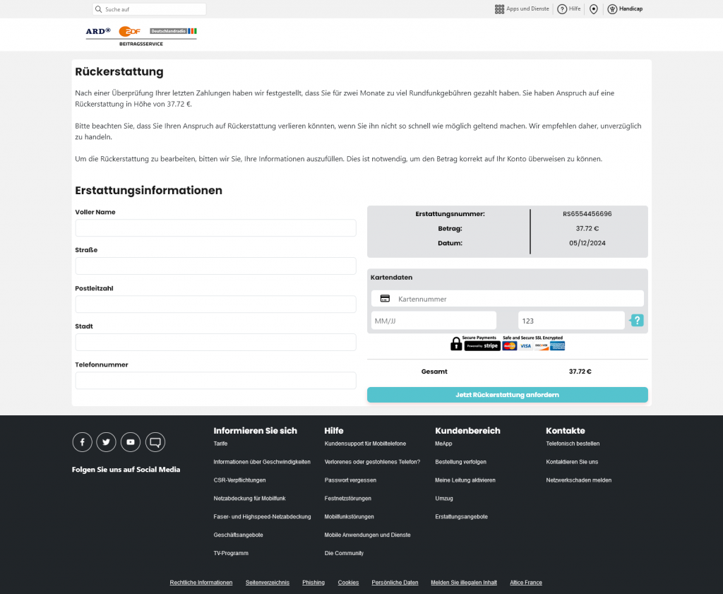 Abb. 2: Screenshot der gefälschten Website des ARD ZDF Deutschlandradio Beitragsservice. Hier werden sensible Informationen, wie Kreditkartendaten abgefragt.