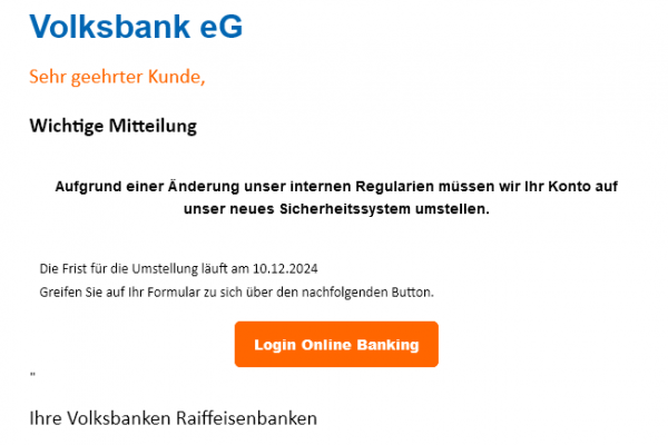 Phishing-Warnung: Betrügerische E-Mails im Umlauf, die angeblich von der Volksbank - SecureGo TAN-App - stammen
