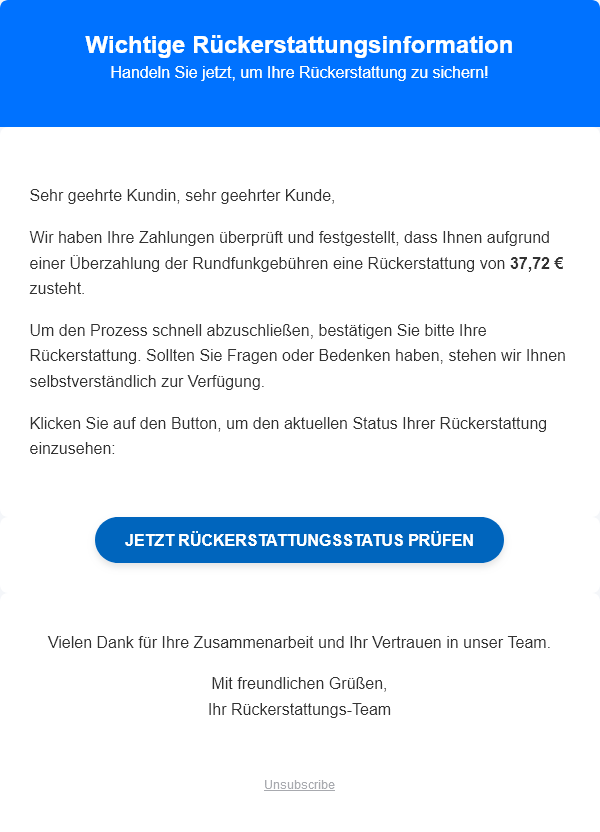 Vorsicht vor Phishing-Mails, die angeblich vom ARD ZDF Deutschlandradio Beitragsservice stammen