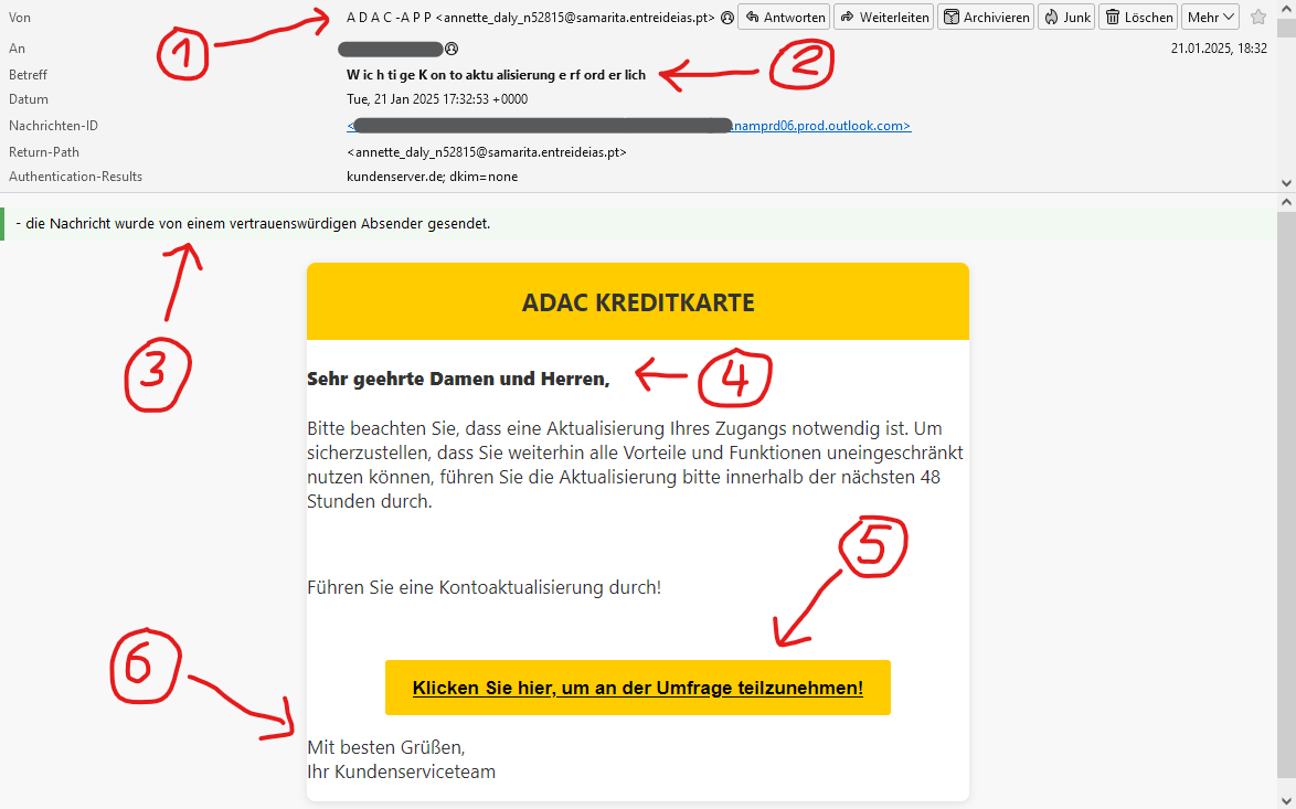 Abb. 1: Screenshot der betrügerischen, gefälschten E-Mail (Phishing), die angeblich von ADAC Kreditkarte stammen soll. 