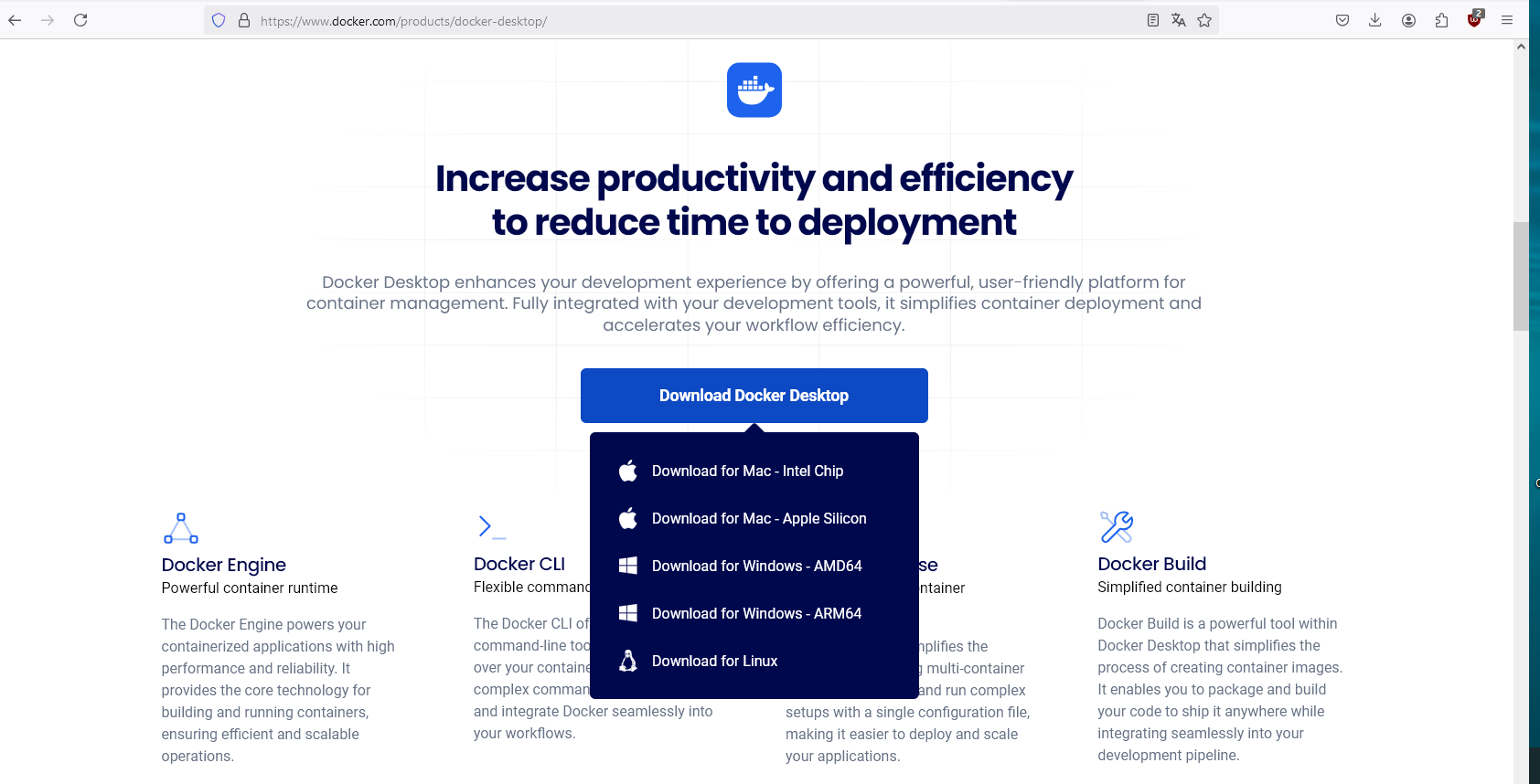 Abb. 2: Screenshot von der Docker-Desktop Website, https://www.docker.com/products/docker-desktop. Damit du Dangerzone nutzen kannst, musst Docker Desktop herunterladen und installieren (den Download-Button erreichst du, wenn du auf der Website ein Stück weit nach unten scrollst). Docker Desktop ist in der Variante "Personal" kostenfrei.