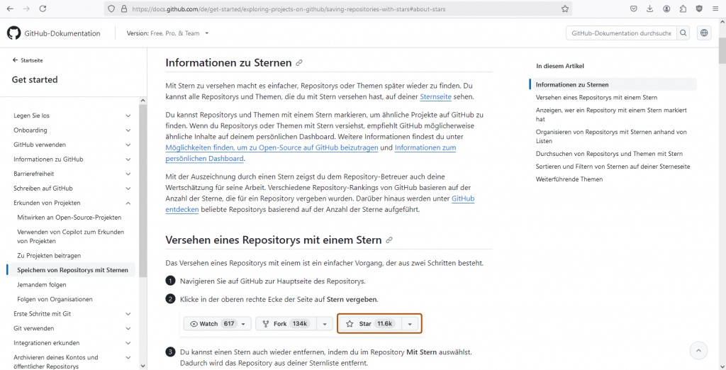 Screenshot der Githubseite, die weiterführende Informationen zu GitHub Stars bzw. Sterne bereithält, https://docs.github.com/de/get-started/exploring-projects-on-github/saving-repositories-with-stars#about-stars