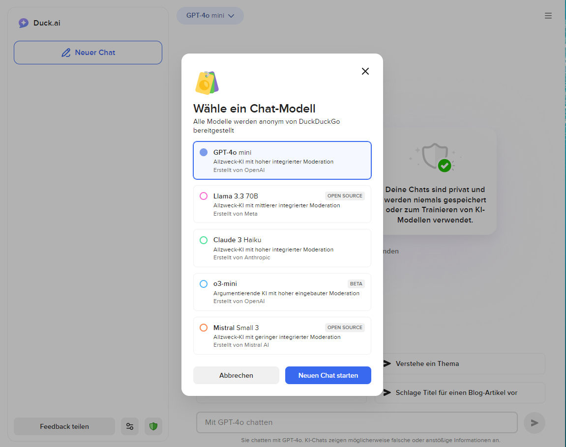 DuckDuckGo erweitert KI-Funktionen und bietet kostenlosen Zugang zu beliebten KI-Chatbots