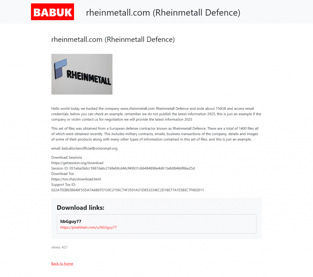Die Babuk Ransomware Gruppe gab heute im Darknet bekannt, dass sie Rheinmetall Defence gehackt hat