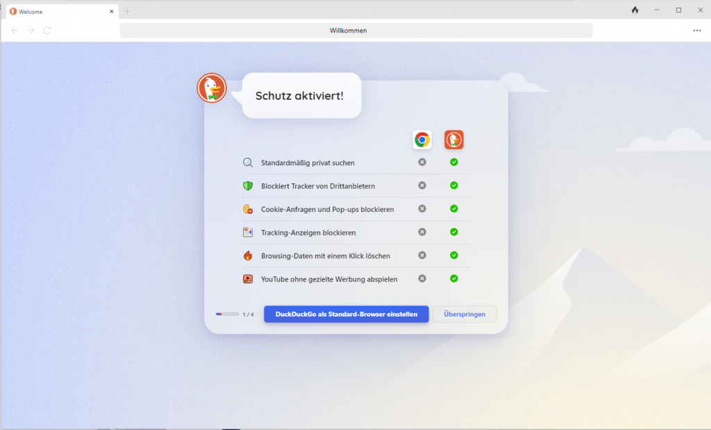 Abb. 1 zeigt einen Screenshot des Willkommen-Screens nach der Installation des DuckDuckGo-Browsers. Hier sind standardgemäß aktivierte Funktionen wie "Blockiert Tracker von Drittanbietern", "Cookie-Anfragen und Pop-ups blockieren", "tracking-Anzeigen blockieren" zu sehen.