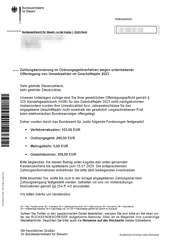 Abb. 2, Seite 1 des gefälschten PDF-Formulares, Text: Zahlungserinnerung im Ordnungsgeldverfahren wegen unterlassener Offenlegung von Umsatzzahlen im Geschäftsjahr 2023.