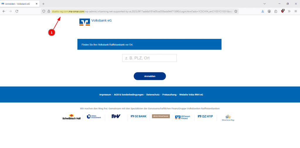 Abb. 3: Ansicht der gefälschte Login-Seite der Volksbank. Punkt 1 markiert die Ziel-URL auf der du landest, wenn du den Button geklickt hast.