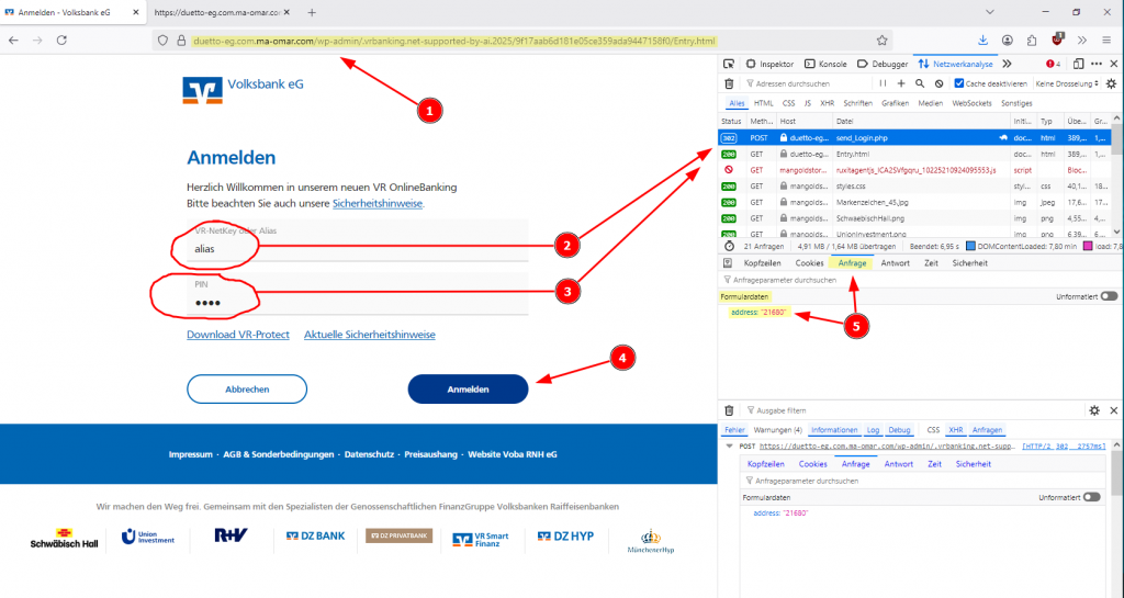 Abb. 4: Eingabemaske der gefälschten Login-Seite der Volksbank nachdem eine Postleitzahl eingegeben wurde. 