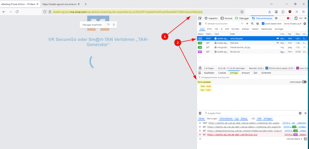Abb. 5: Nach Eingabe eines VR-NetKeys od. Aliases und der PIN werden die Daten von den Phishing-Akteuren gespeichert.