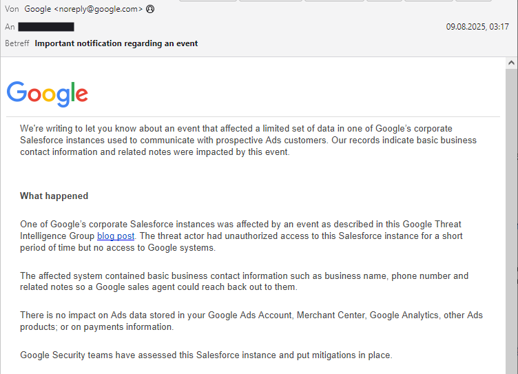 Google bestätigt Datendiebstahl in seiner Salesforce CRM-Instanz