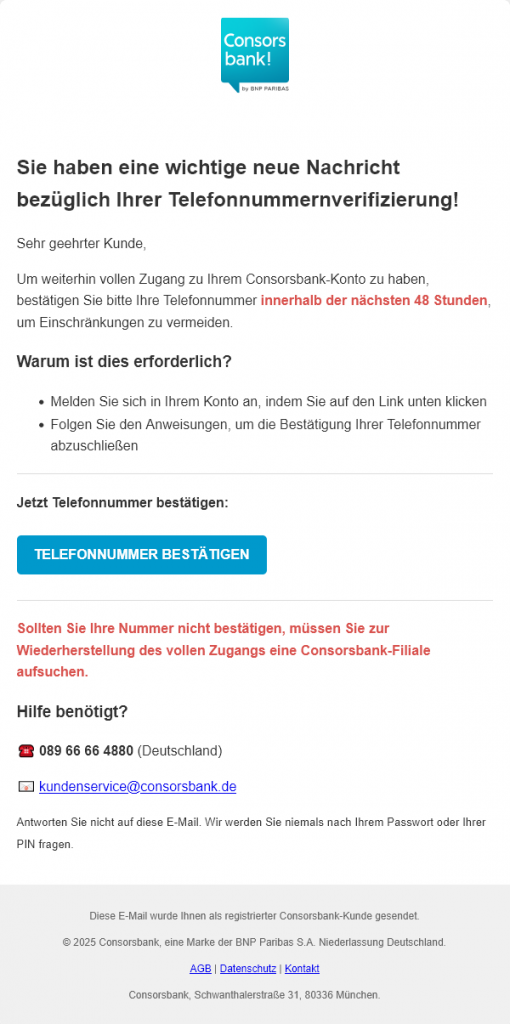 Screenshot der gefälschten Consorsbank-E-Mail: „Sie haben eine wichtige neue Nachricht bezüglich Ihrer Telefonnummernverifizierung!“