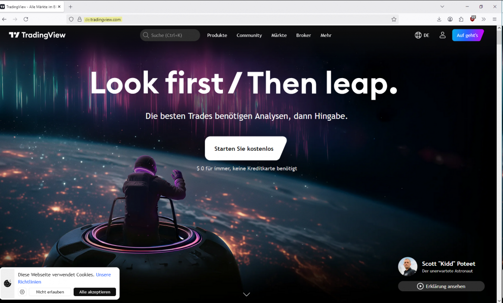 Abb. 1: Ansicht der der Originalseite von TradingView unter https://de.tradingview.com. Kontrolliere immer die Domain, bevor du eine Datei herunterlädst oder dich einloggst. Gefälschte Adressen unterscheiden sich oft nur minimal vom Original.