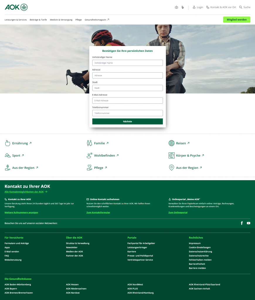 Abb. 2: Screenshot der gefälschten AOK Website. Hier werden in einem ersten Schritt persönlich Daten, wie Name, Adresse, E-Mail und Telefonnummer, abgefragt.