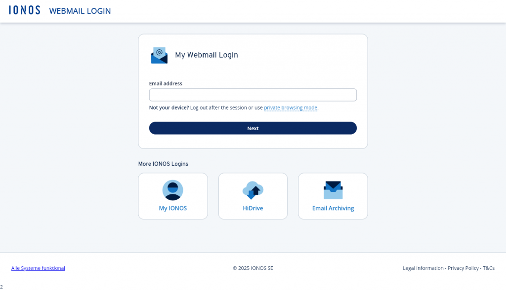In Abb. 4 wird ein gefälschtes IONOS-Webmail-Login dargestellt. Wenn du ein in Deutschland ansässiger IONOS-Kunde bist, ist es ungewöhnlich, dass du auf einer Login-Seite in englischer Sprache landest (ein Warnsignal). Ausserdem ist der Text komplett in englischer Sprache, bis auf die Angabe "Alle Systeme funktional", die in deutscher Sprache ist. Oft sind es leicht zu übersehende Kleinigkeiten, die eine Fälschung enttarnen.