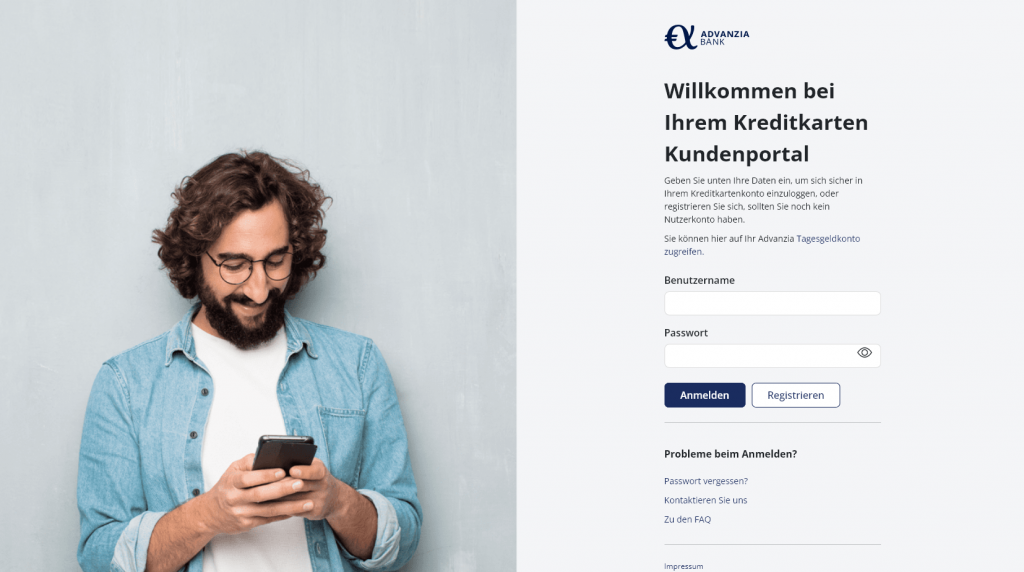 Abb. 3: Gefälschte Advanzia-Webseite mit dem Formular zur Benutzeranmeldung, diese sieht dem Original sehr ähnlich. In der Fälschung fehlt der Button zur Auswahl der Sprache und auch der Phishing-Hinweis unmittelbar vor den Eingabefeldern (Benutzername, Passwort).