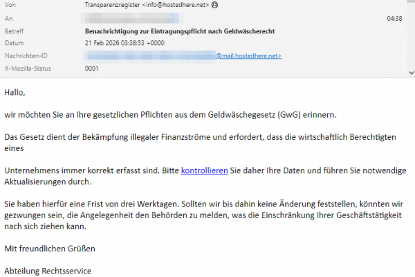 Transparenzregister Phishing-Mail