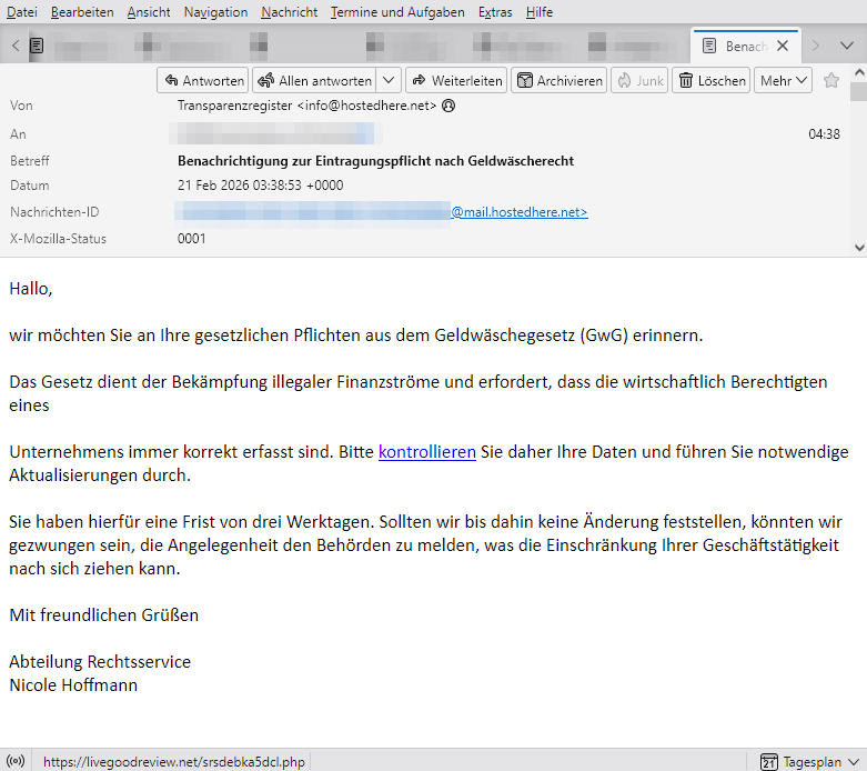 Phishing-Warnung: Betrügerische E-Mail im Namen des Transparenzregisters im Umlauf