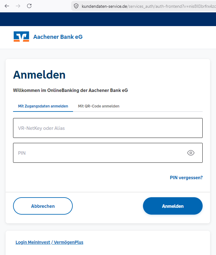 Screenshot der gefälschten Login-Seite der Volksbank(en). Typisches Login mit Eingabefeldern für VR-NetKey, Alias und PIN.