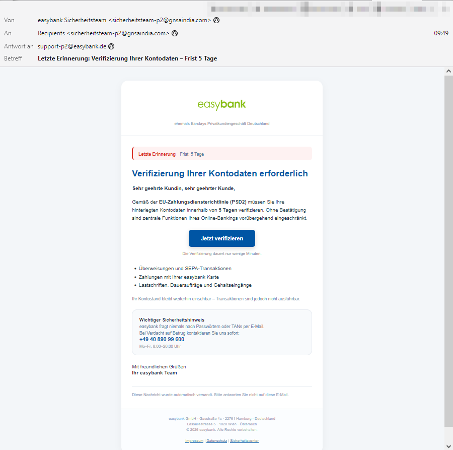 Warnung vor Phishing-Mails im Namen der easybank: Gefälschte Kontoverifizierung soll Nutzer täuschen