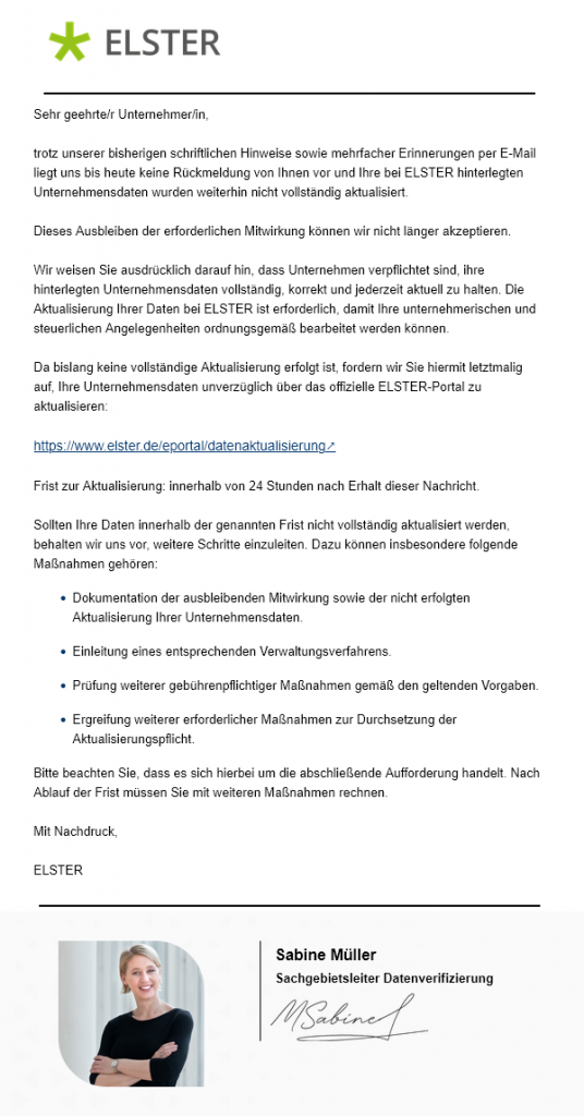 Achtung Phishing: Gefälschte ELSTER-Mail mit Aufforderung zur Datenaktualisierung im Umlauf