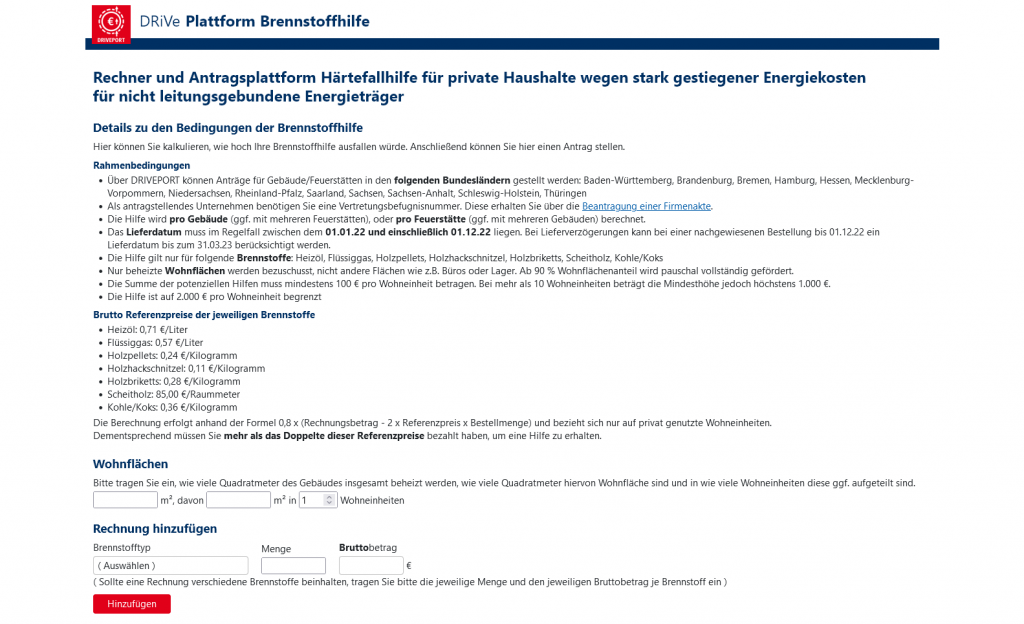 Niedersachsen, Antrag auf Brennstoffhilfe, fehlende Anbieterkennzeichnung und Datenschutzerklärung auf der DRIVEPORT-Seite.