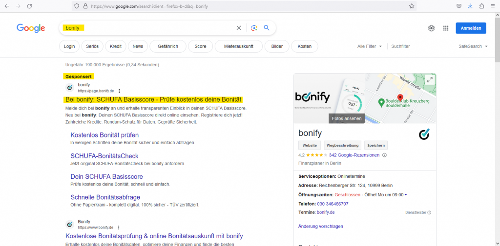 Bonify SCHUFA App, Marketingkampagne, Werbung in der Google-Suche