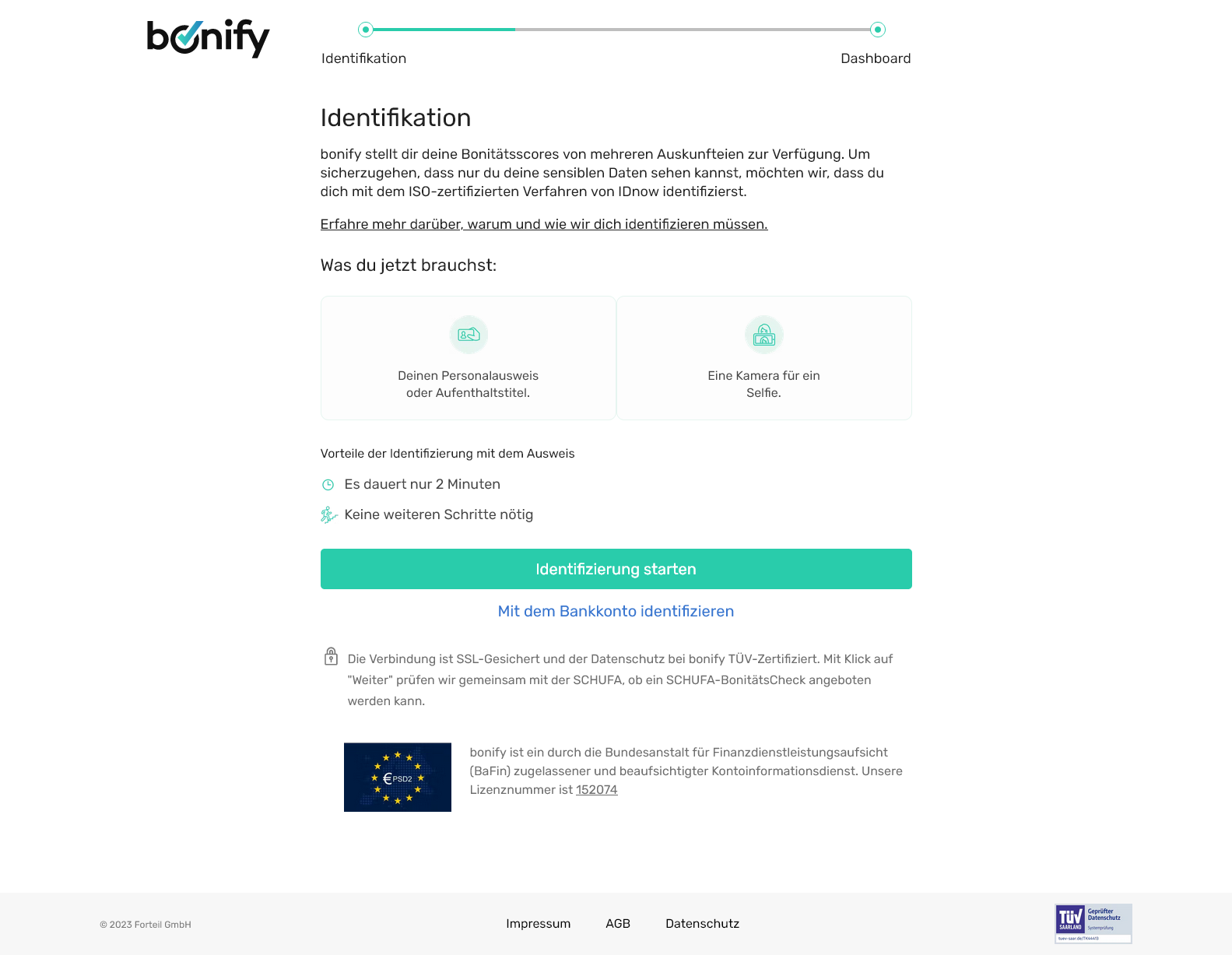 Abb. 3: Die Bonify Web-App im Test - Identifizierung mit dem Personalausweis via IDnow oder dem Bankkonto