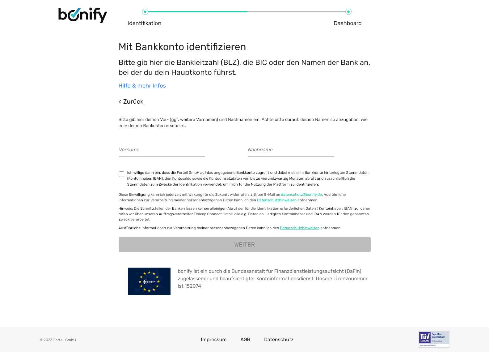 Abb. 4: Die Bonify Web-App im Test - Ein fragwürdiger Checkbox-Text "Mit dem Bankkonto identifizieren"