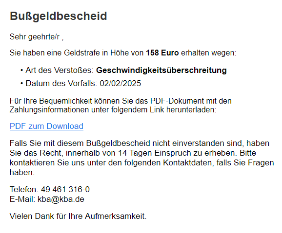 Vorsicht, Phishing! Gefälschter Bußgeldbescheid vom Kraftfahrt Bundesamt (KBA)
